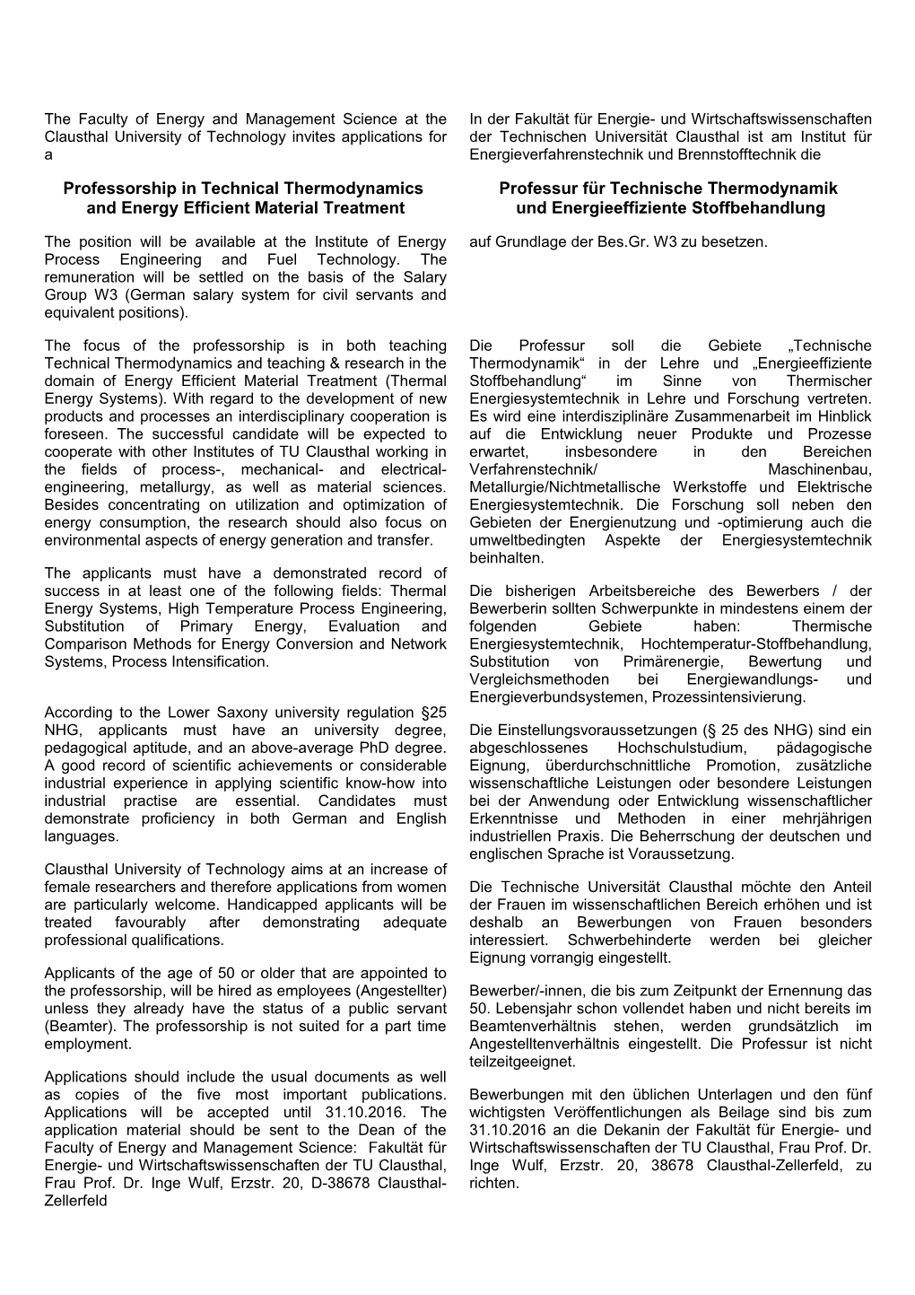 Professorship in Technical Thermodynamics and Energy Efficient Material Treatment