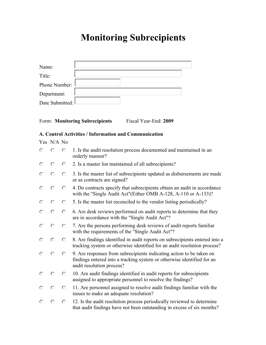 Monitoring Sub Recipient Questionnaire