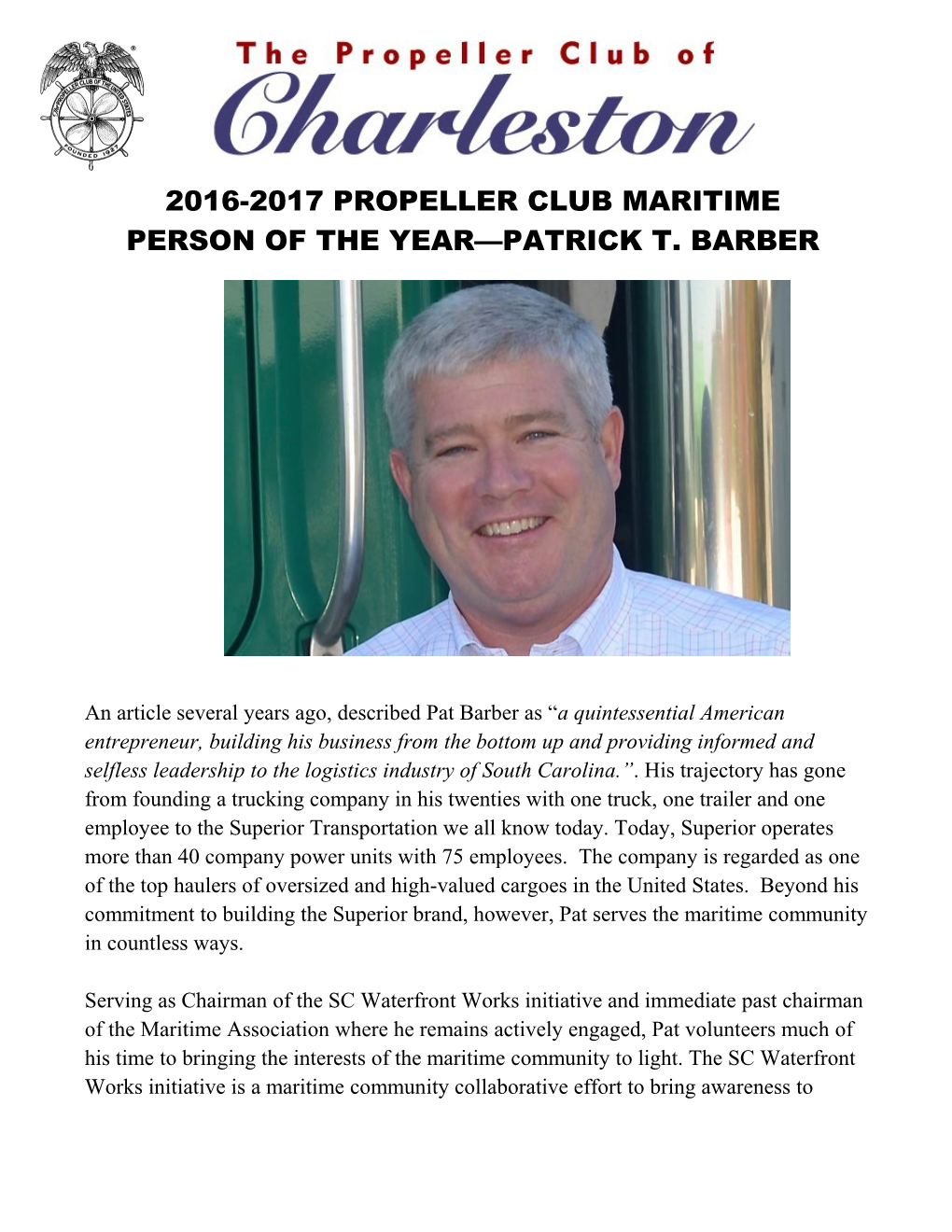 2016-2017 Propeller Club Maritime Person of the Year Patrick T. Barber