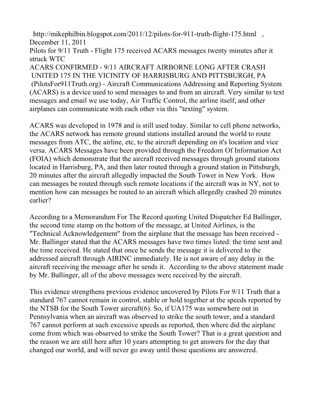 December 11, 2011 Pilots for 9/11 Truth - Flight 175 Received ACARS Messages Twenty