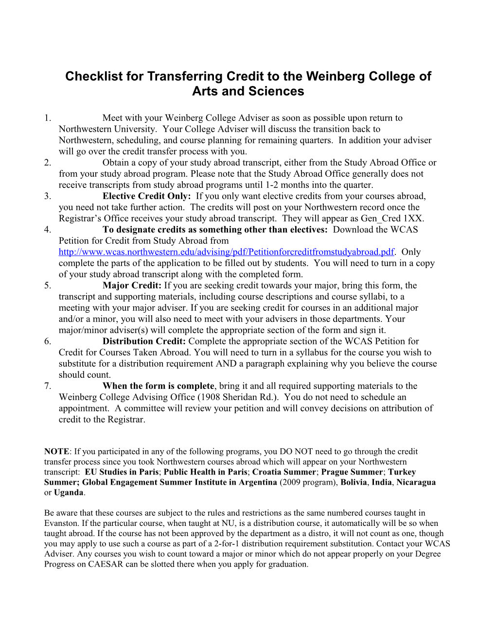 Checklist for Transferring Credit to the Weinberg College of Arts and Sciences