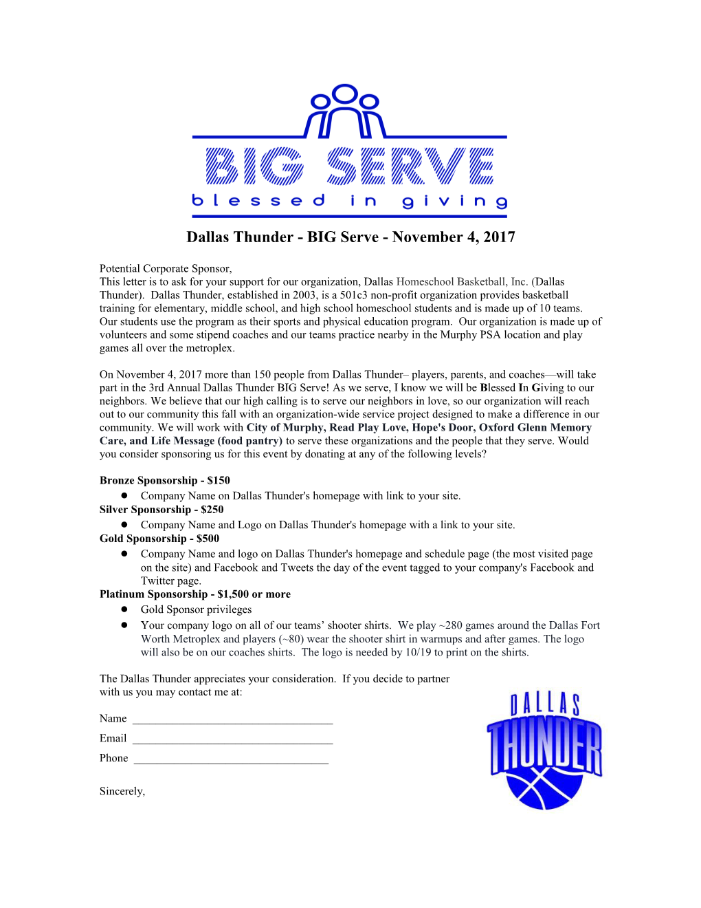 Dallas Thunder - BIG Serve - November 4, 2017