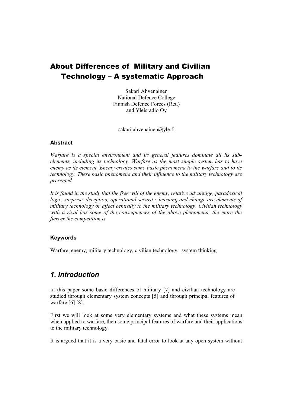 About Differences of Military and Civilian Technology a Systematic Approach
