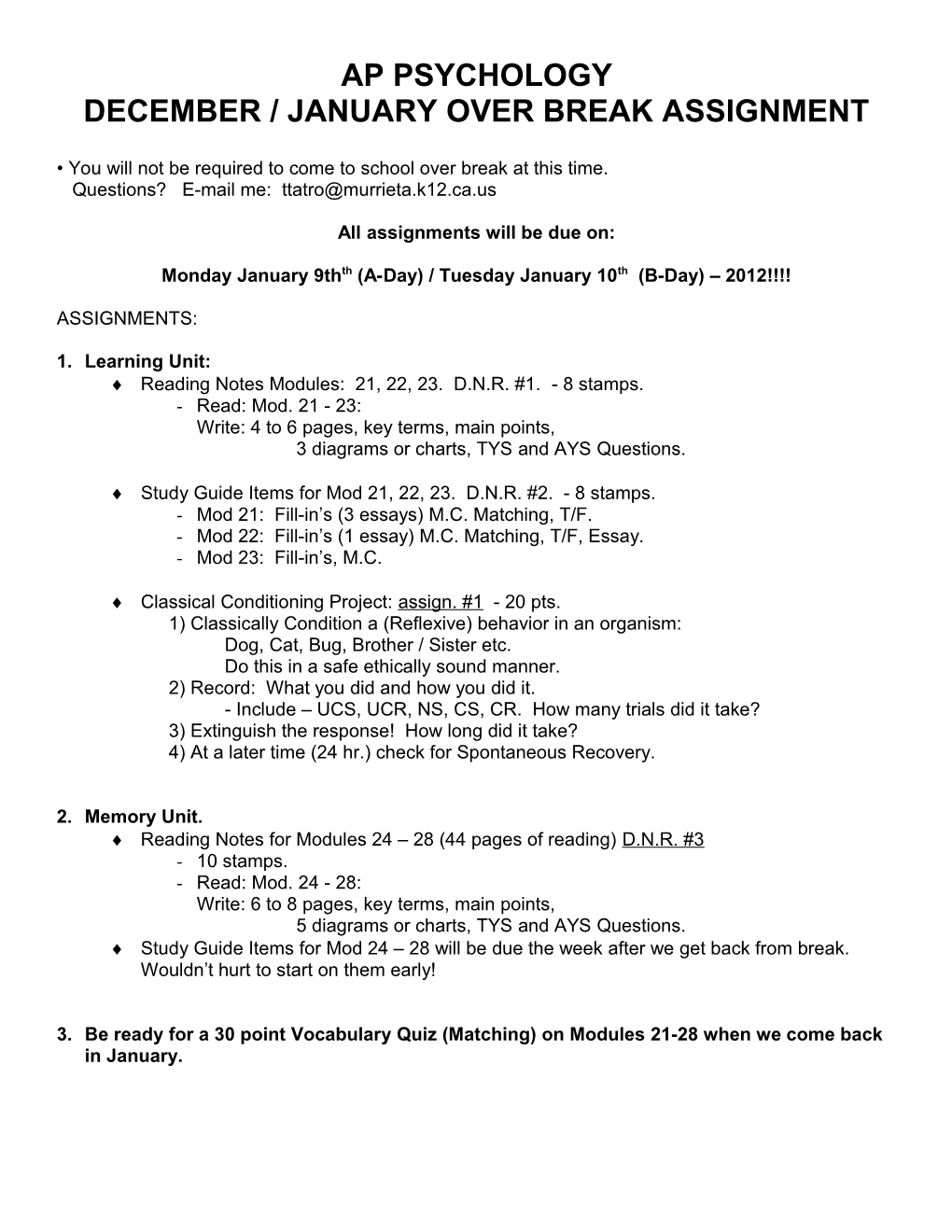 December / January Over Break Assignment