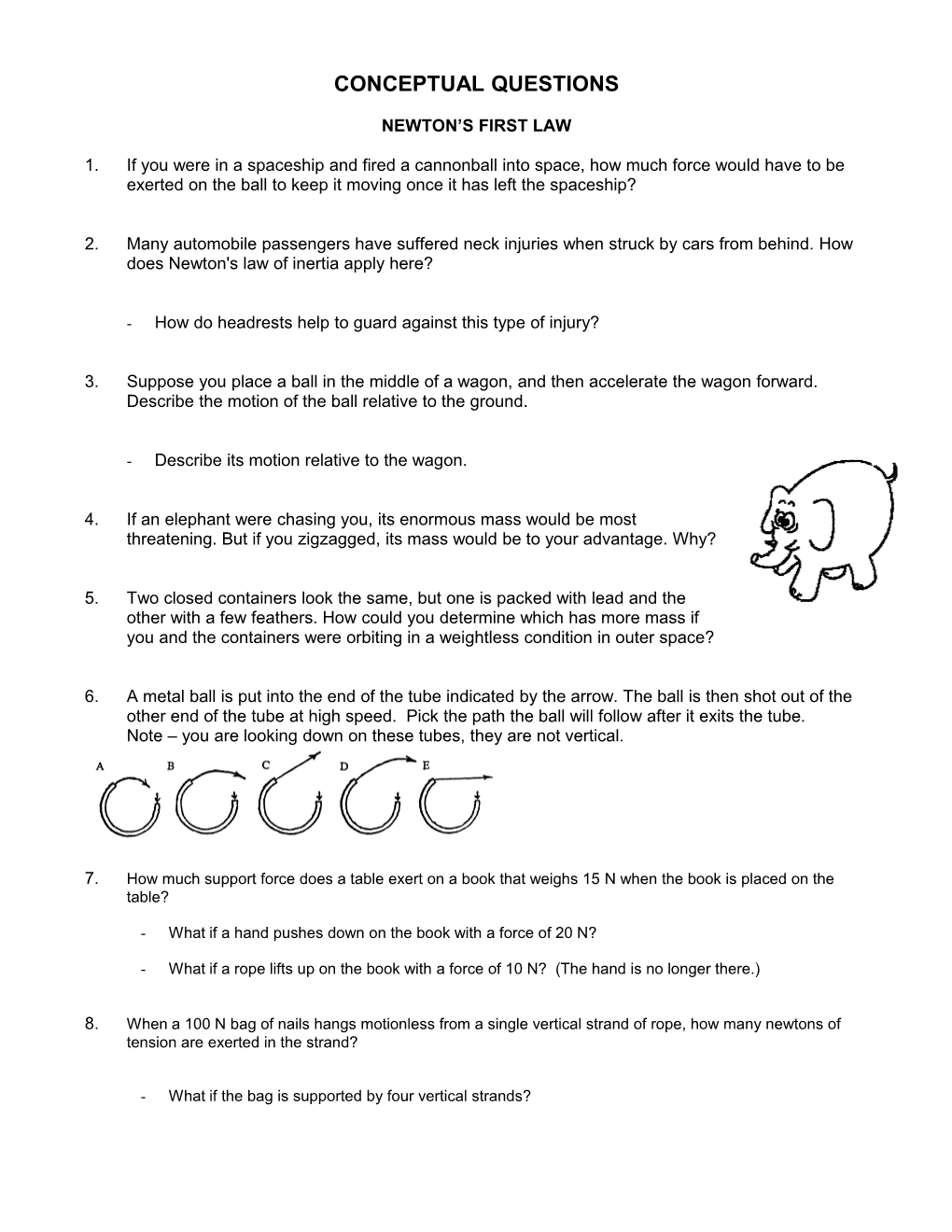 Newton's First Law Conceptual Worksheet