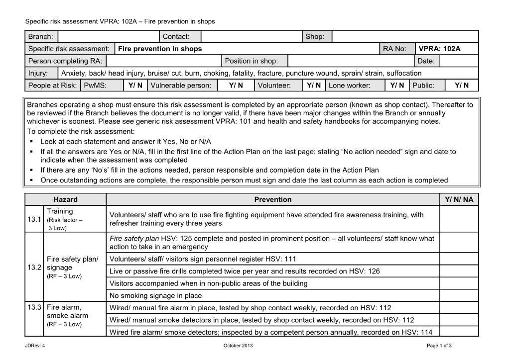 Specific Risk Assessment VPRA: 102A Fire Prevention in Shops