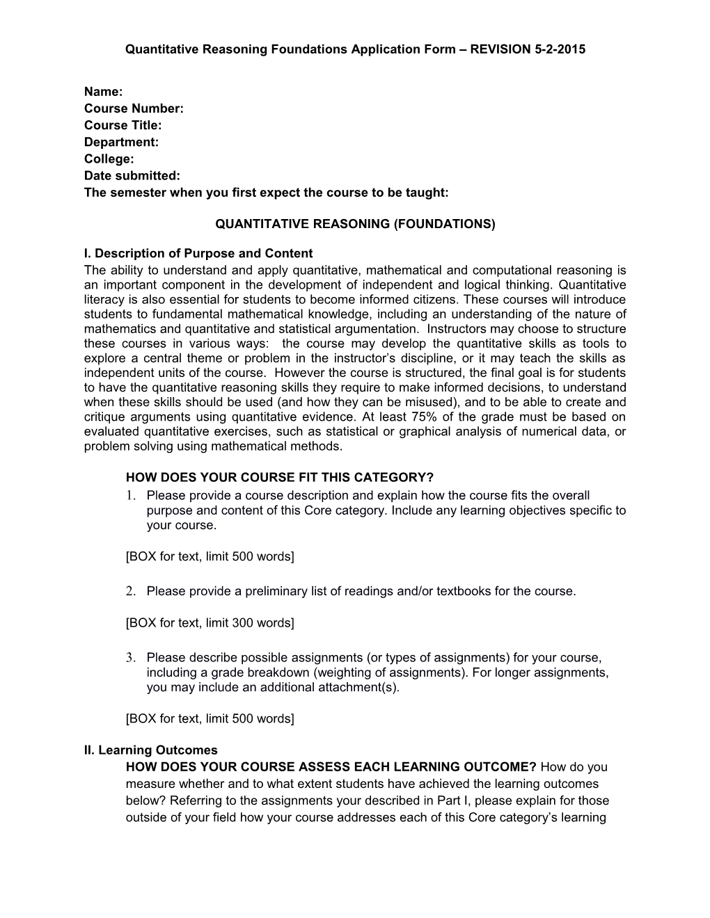Quantitative Reasoning Foundations Application Form REVISION 5-2-2015