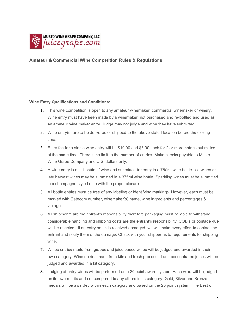 Amateur & Commercialwine Competition Rules & Regulations