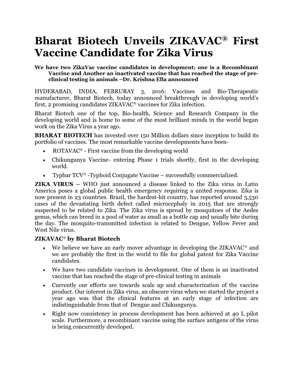 Bharat Biotech Unveils ZIKAVAC First Vaccine Candidate for Zika Virus