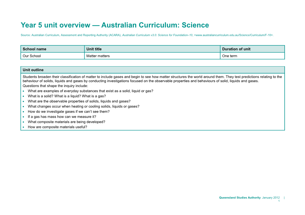 Year 5 Unit Overview Australian Curriculum: Science