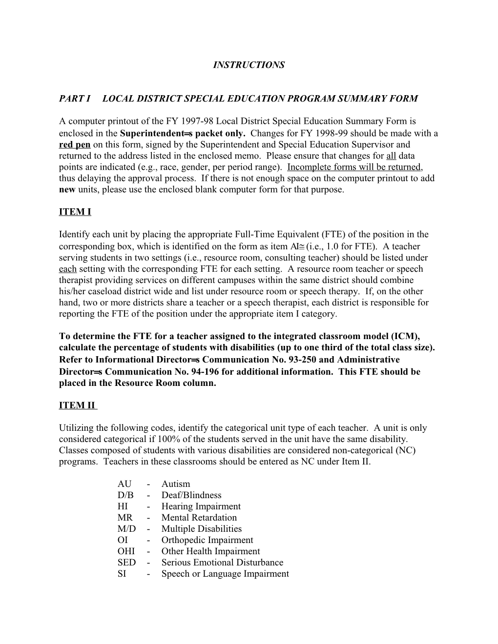 Part I Local District Special Education Program Summary Form
