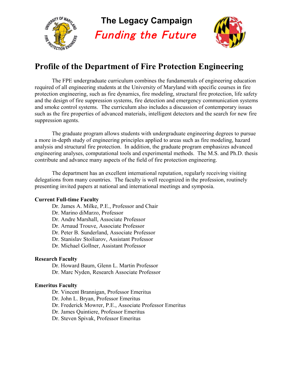 Profile of the Department of Fire Protection Engineering