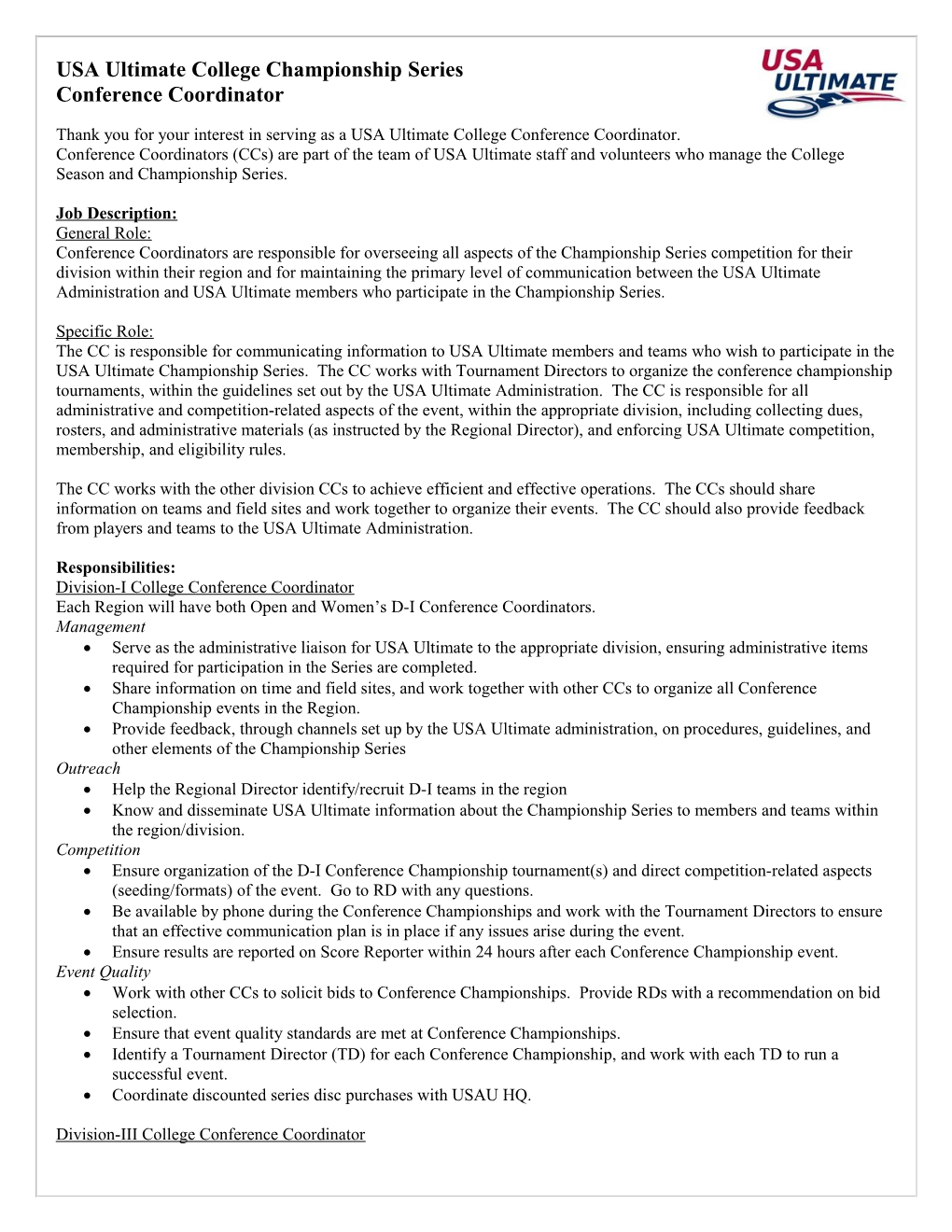 Sectional Coordinator Job Description