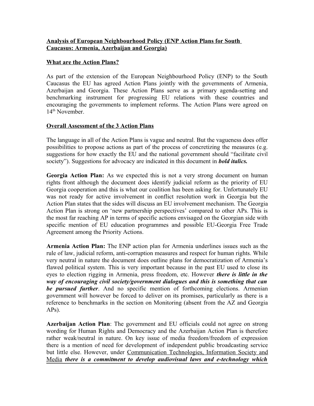 Analysis of ENP Action Plans: Armenia, Azerbaijan and Georgia