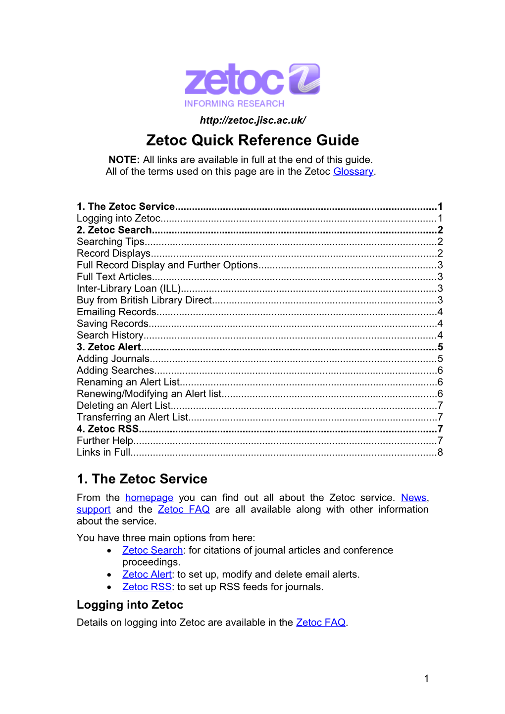 Quick Reference Guide to Using Zetoc