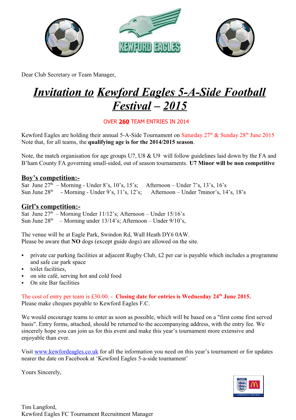 Invitation Tokewford Eagles 5-A-Side Football Festival 2015