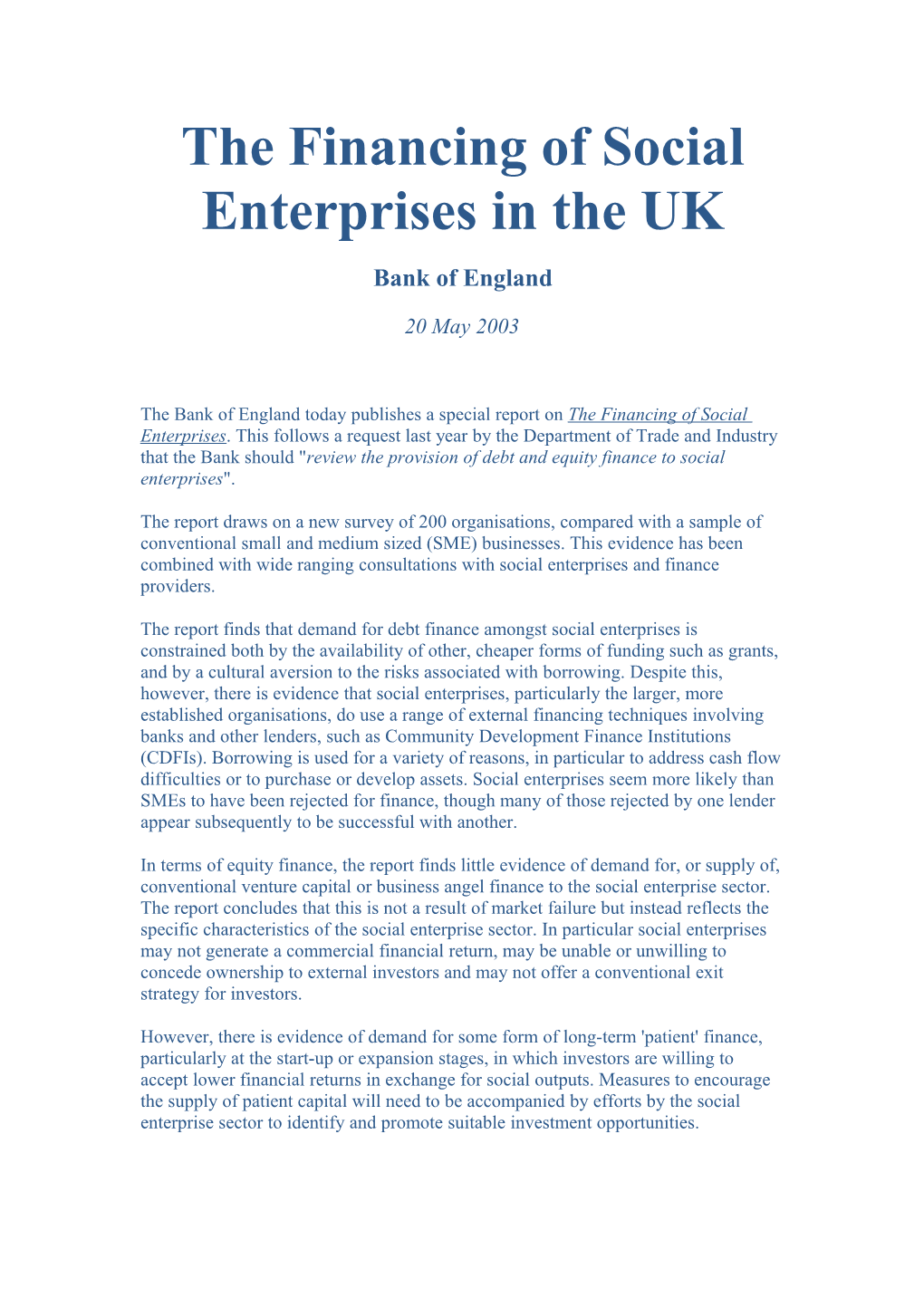 The Financing of Social Enterprises in the UK