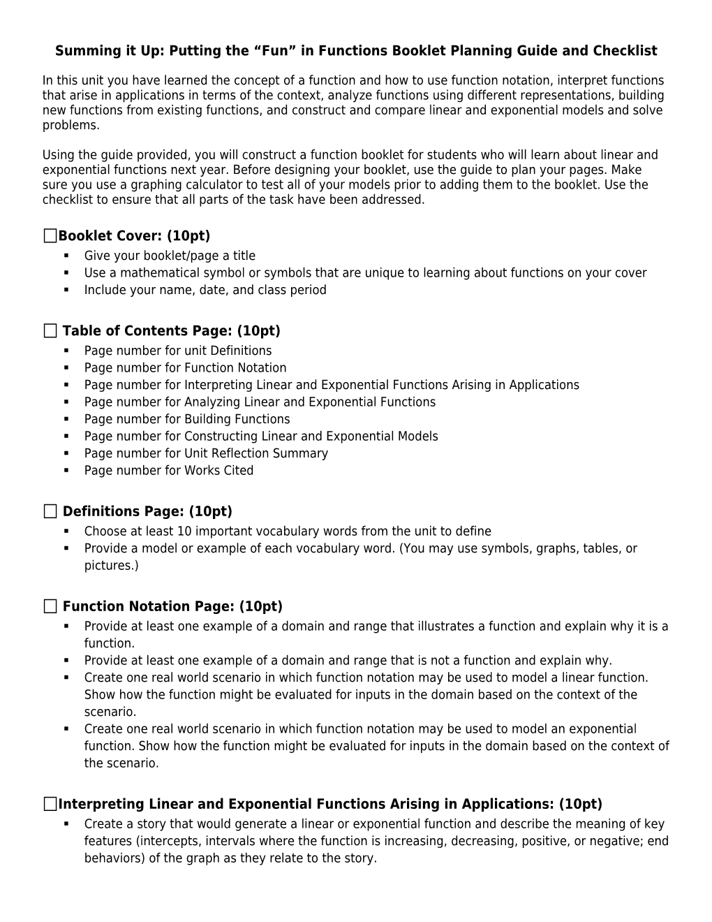 Summing It Up: Putting the Fun in Functions Booklet Planning Guide and Checklist