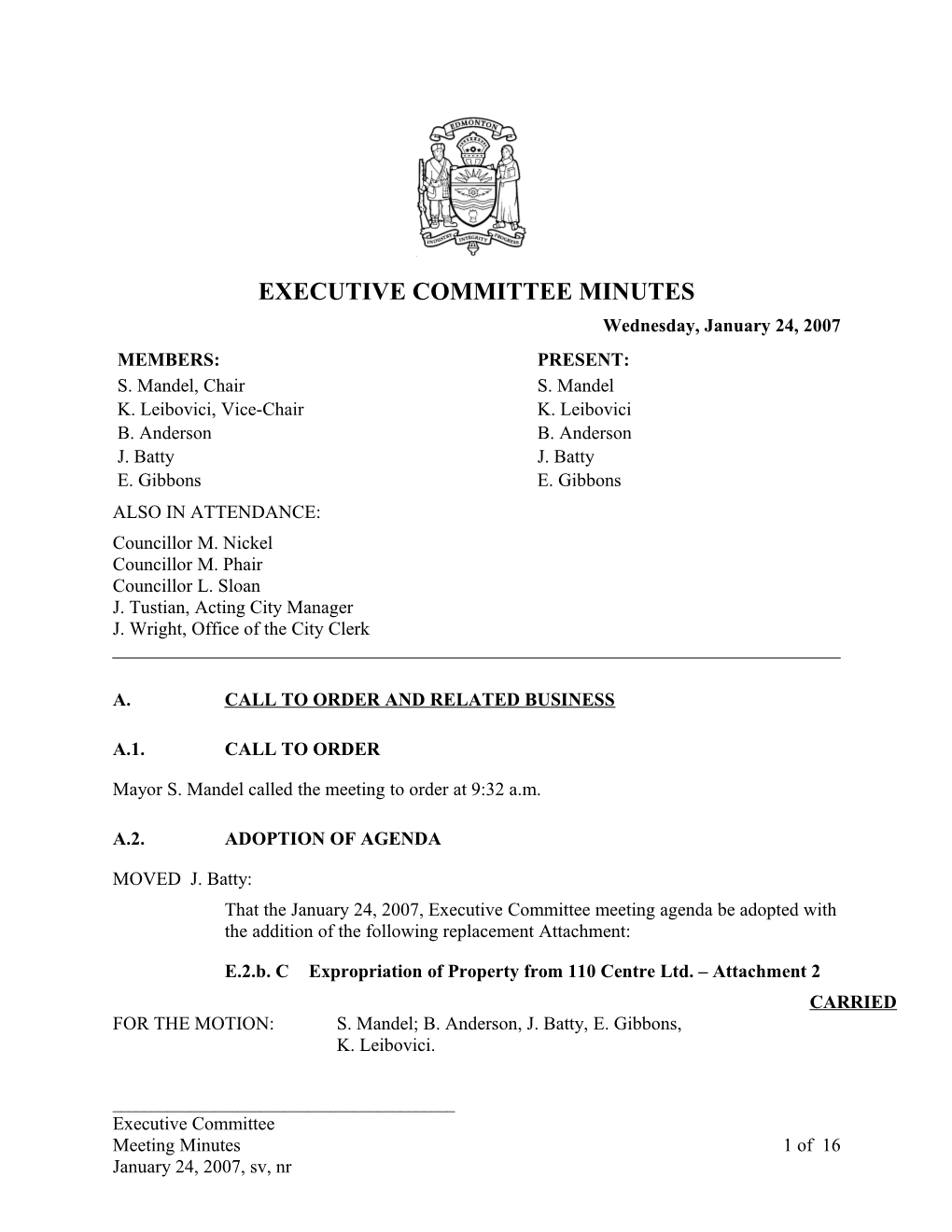 Minutes for Executive Committee January 24, 2007 Meeting