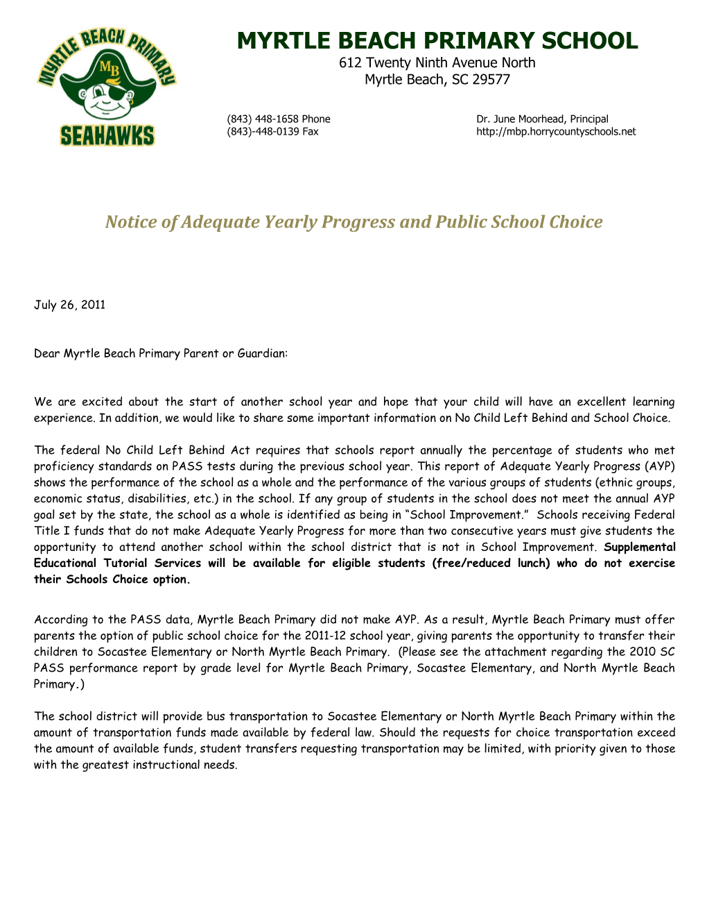 Notice of Adequate Yearly Progress and Public School Choice