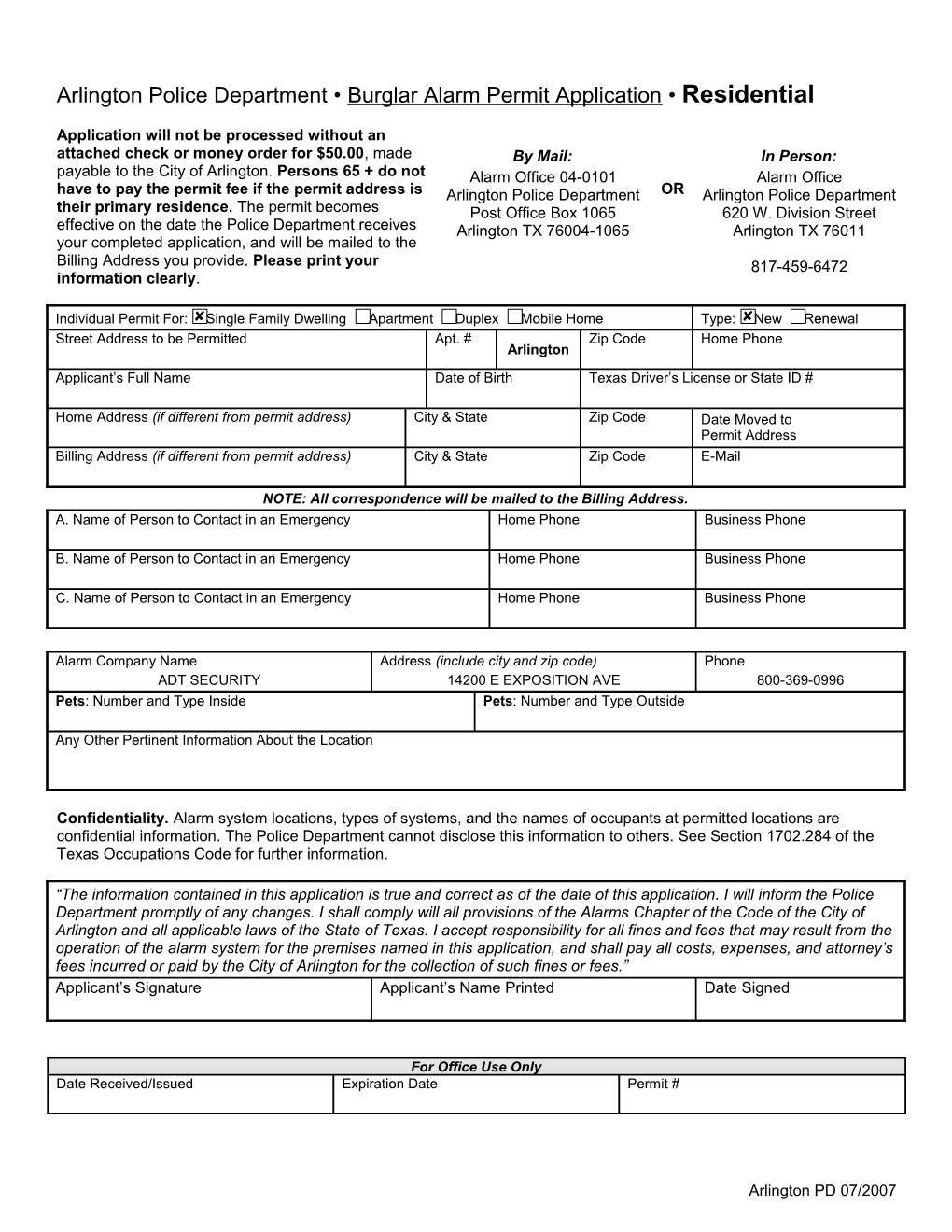 Arlington Police Department Burglar Alarm Permit Application: Residential