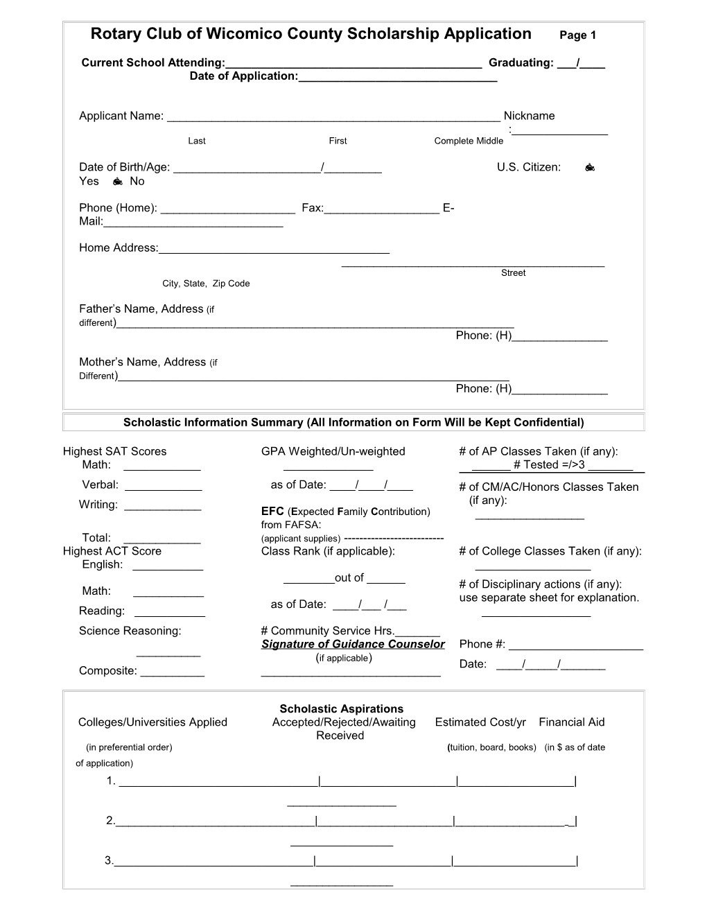 Rotary Club of Wicomico County Scholarship Application