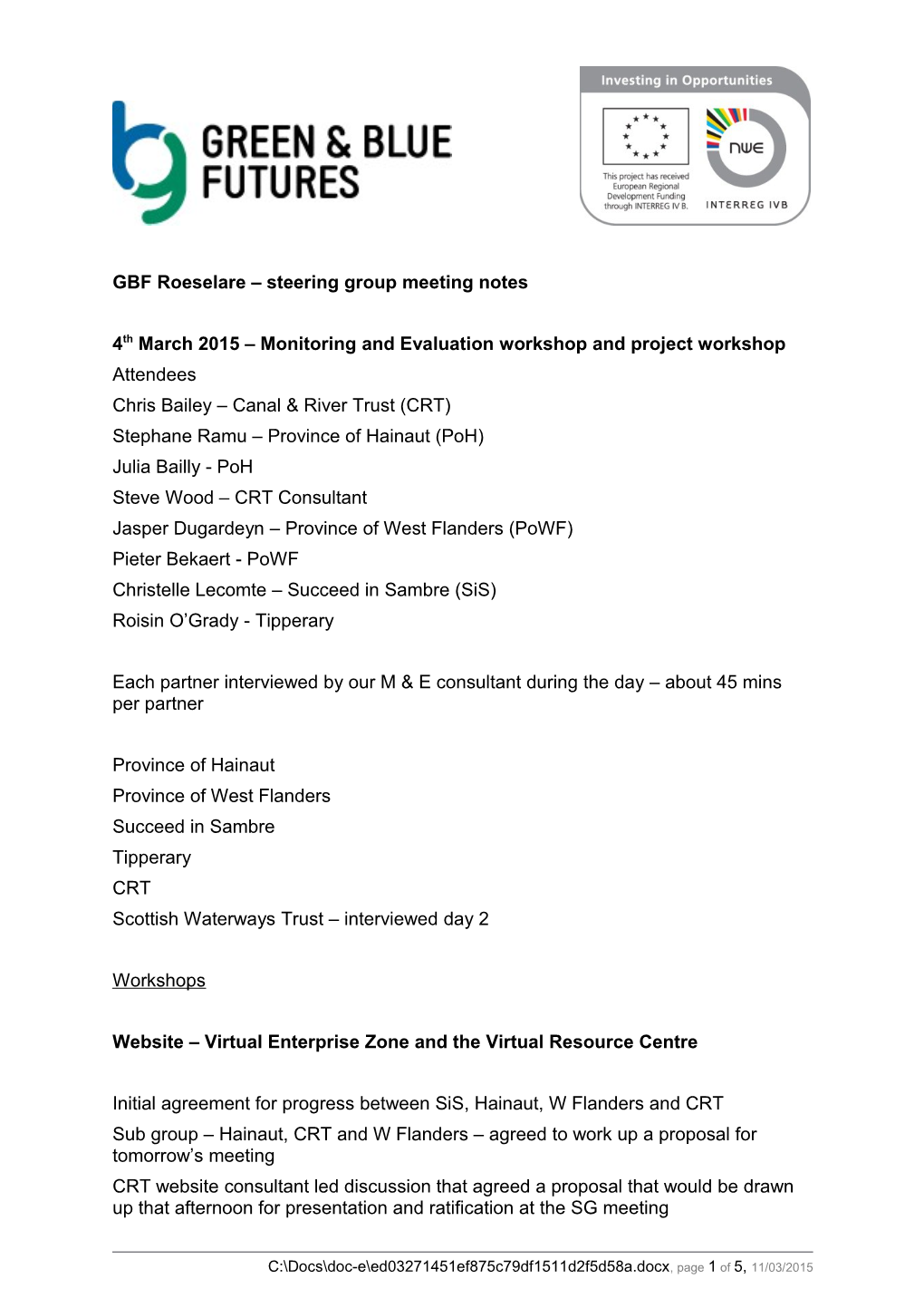 GBF Roeselare Steering Group Meeting Notes