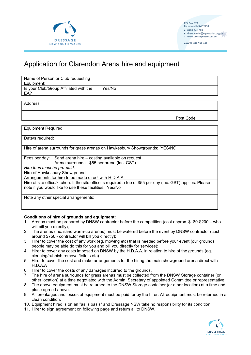 Application for Clarendon Arena Hire and Equipment