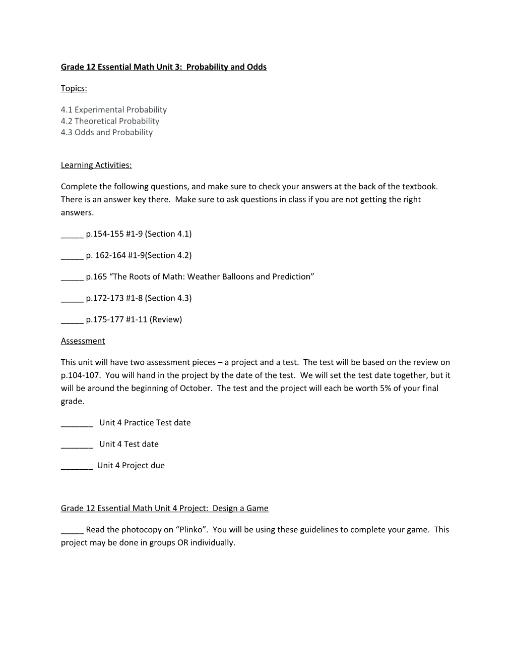 Grade 12 Essential Math Unit 3: Probability and Odds