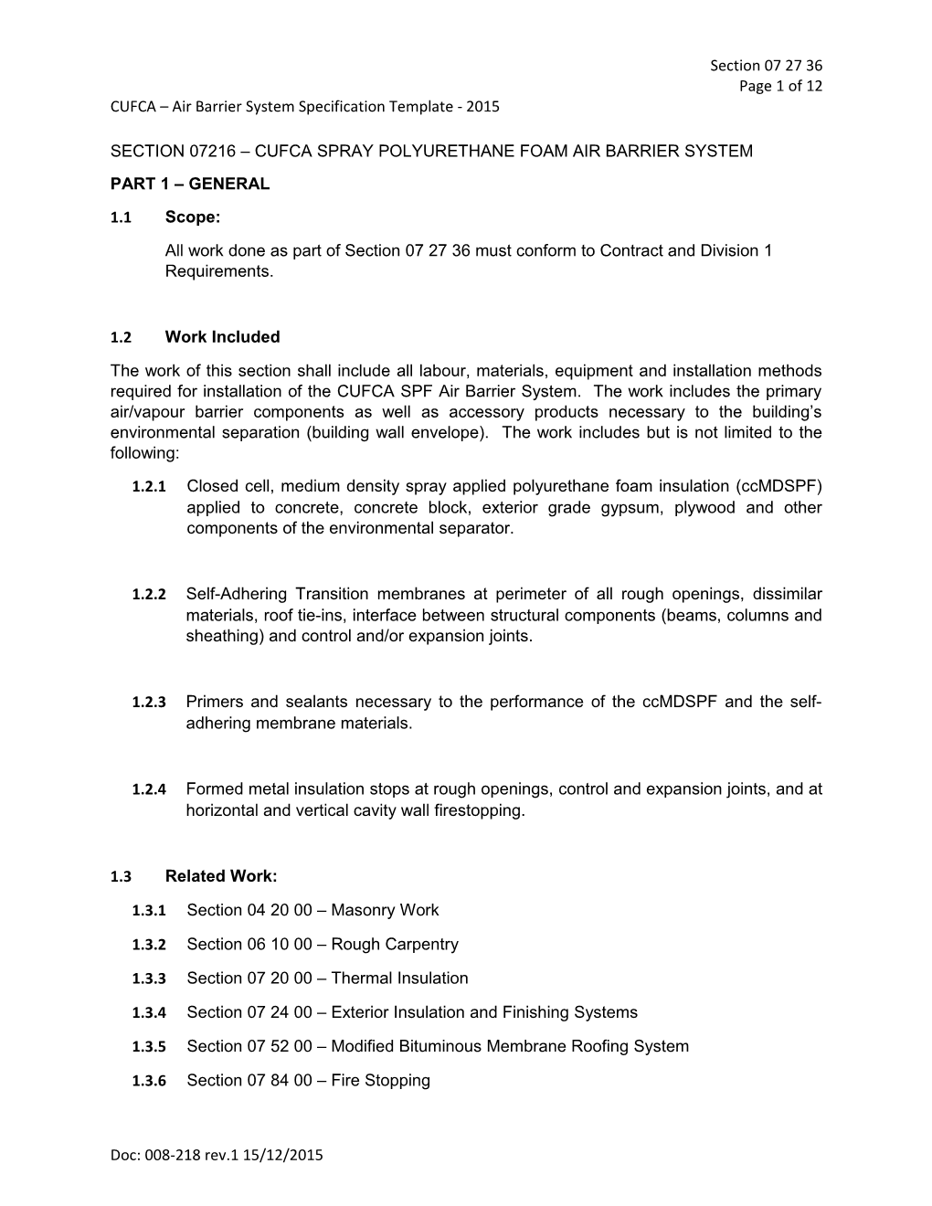 CUFCA Air Barrier System Specification Template - 2015