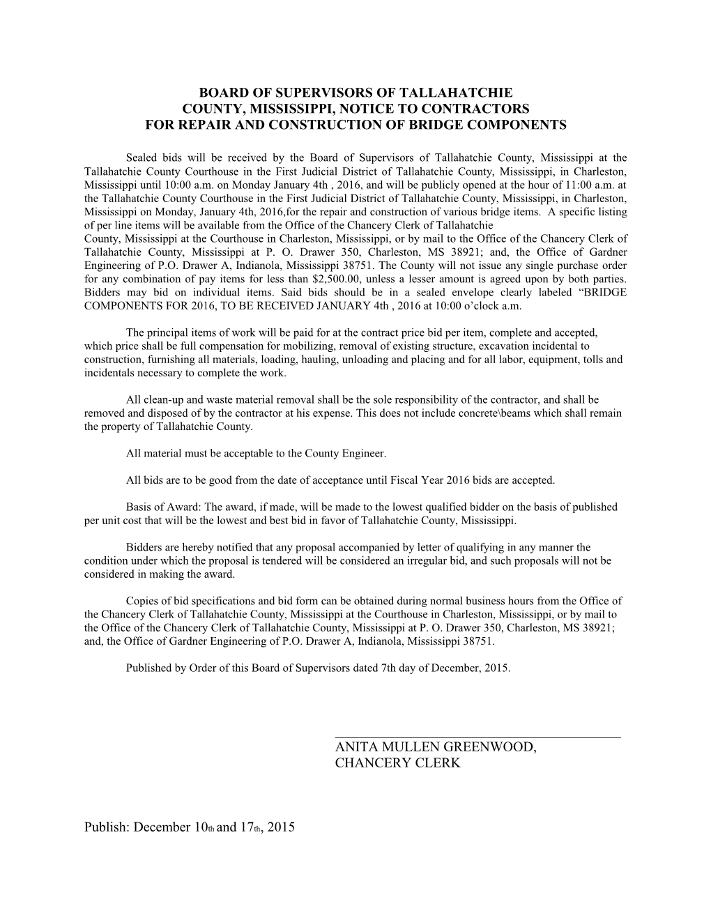 County, Mississippi, Notice to Contractors