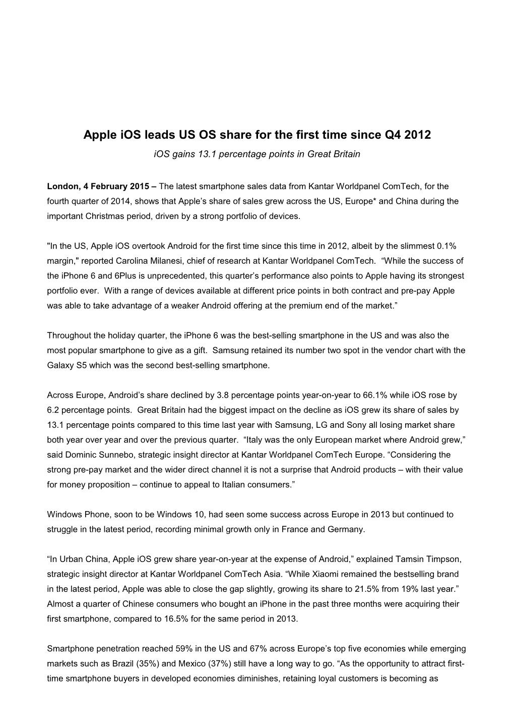 Apple Ios Leads US OS Share for the First Time Since Q4 2012