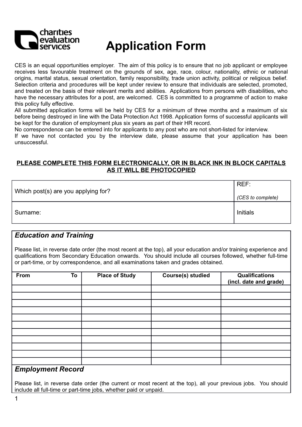 Charities Evaluation Services Application Form