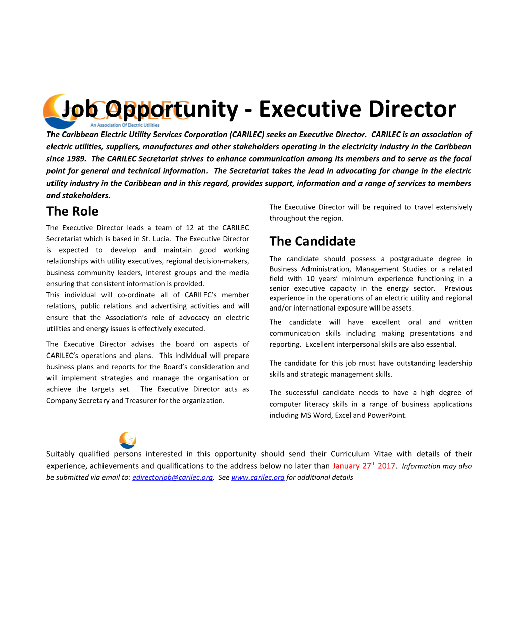 The Caribbean Electric Utility Services Corporation (CARILEC) Seeks an Executive Director