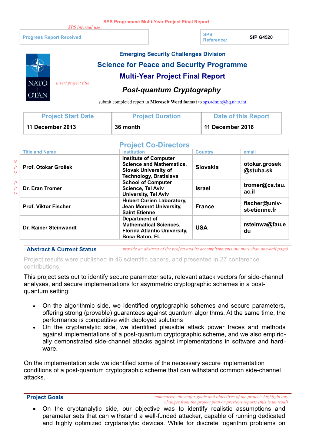 SPS Programme Multi-Year Project Final Report