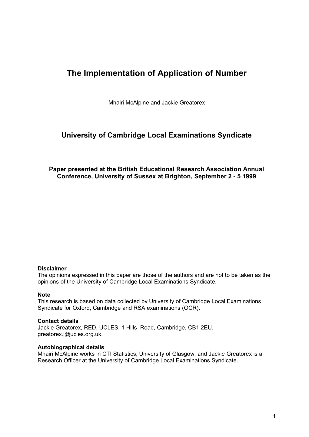 The Application of Number Experience