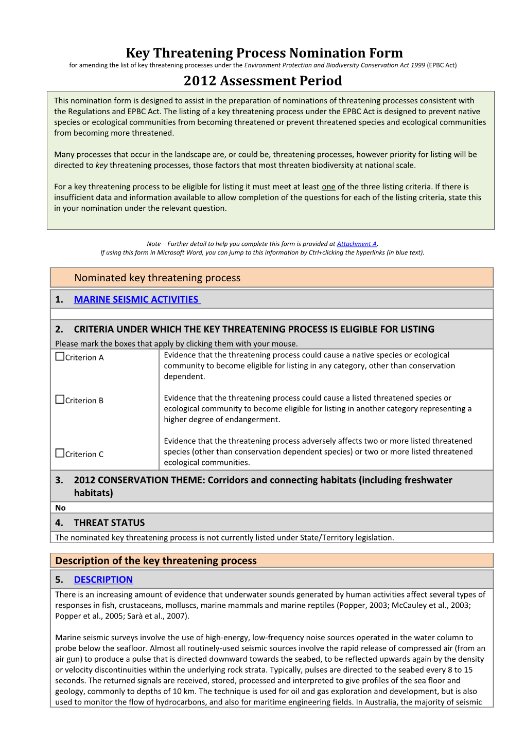 Key Threatening Process Nomination Form 2012 Assessment Period - Marine Seismic Activities