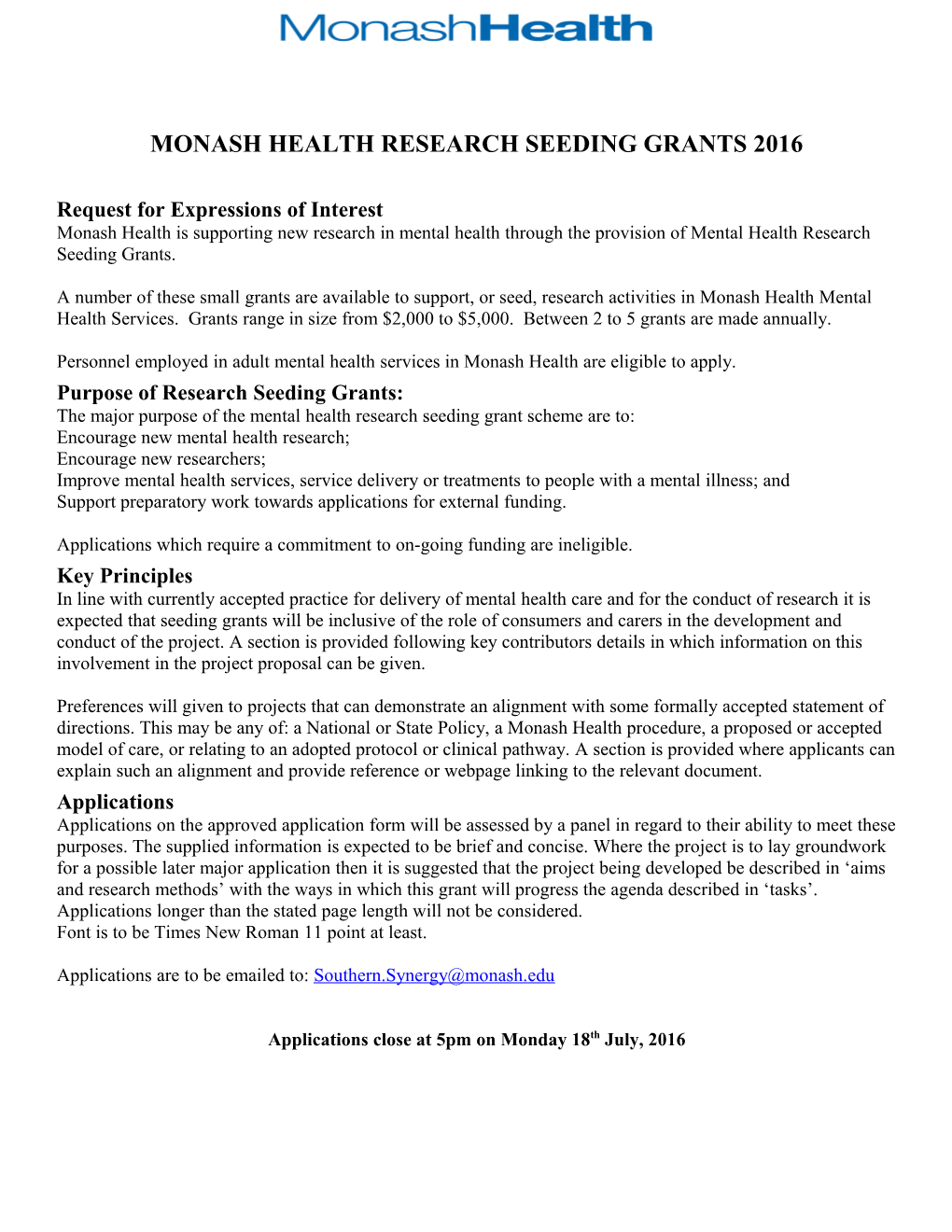 Southern Health Research Seeding Grants Application 2007