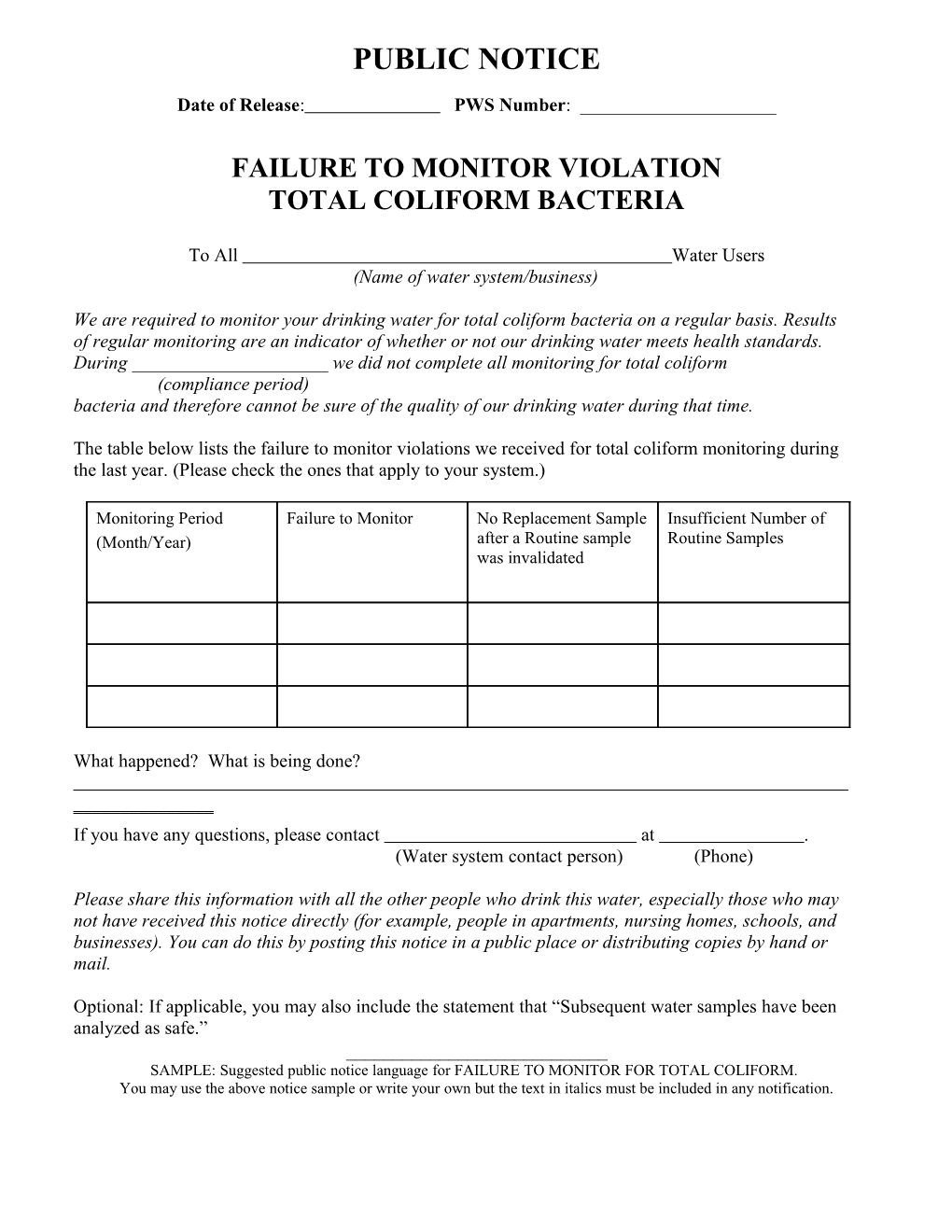 Public Notification - Total Coliform Rule - Failure to Monitor Template