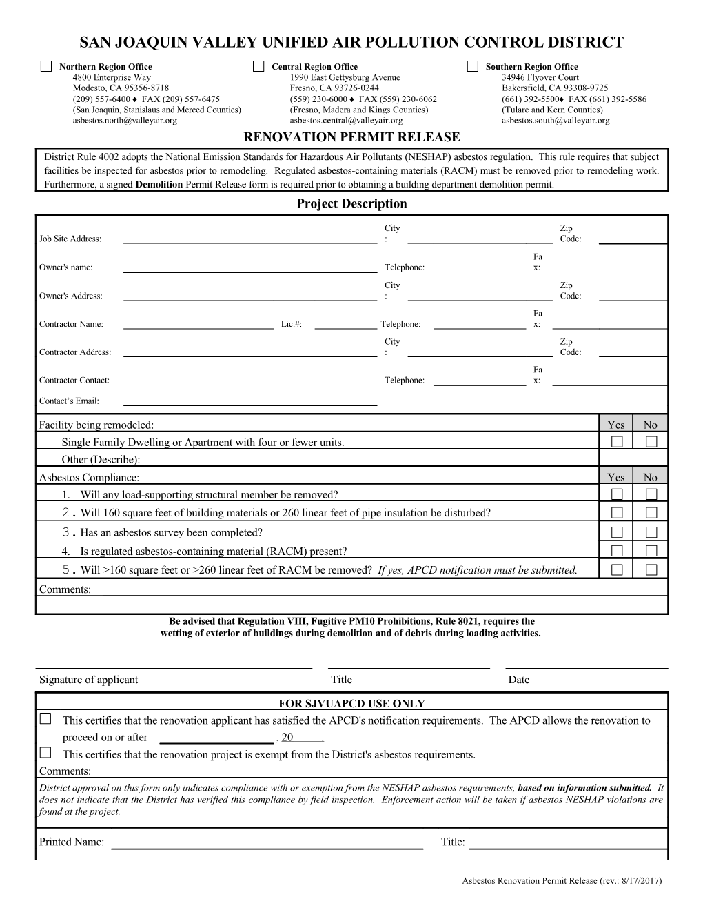 Renovation Permit Release Form