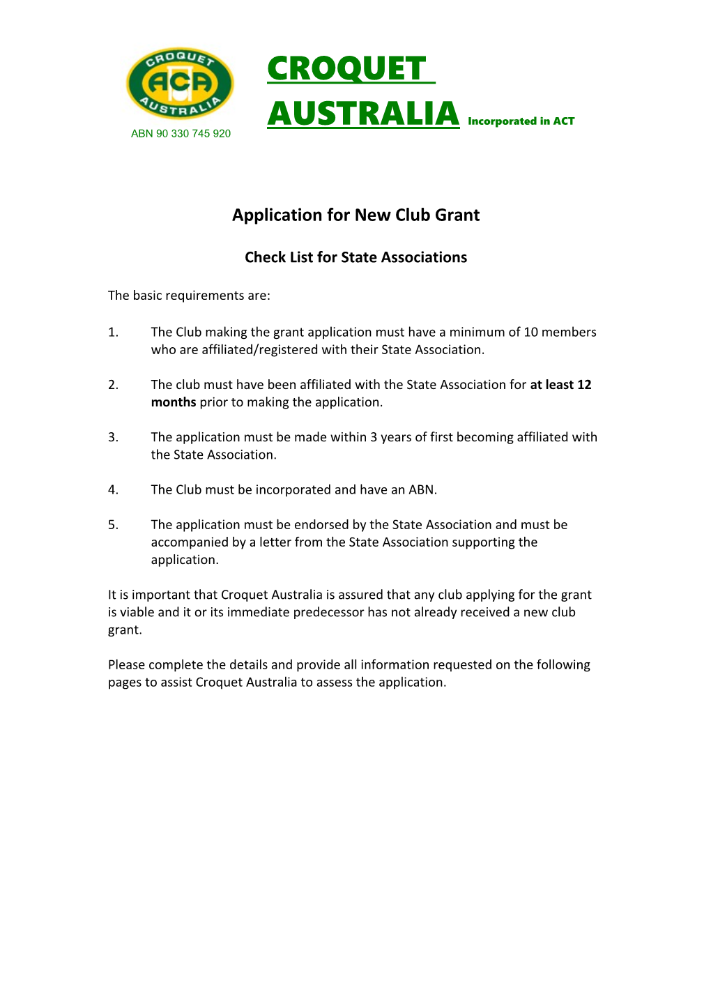 CROQUET AUSTRALIA Application for New Club Grant