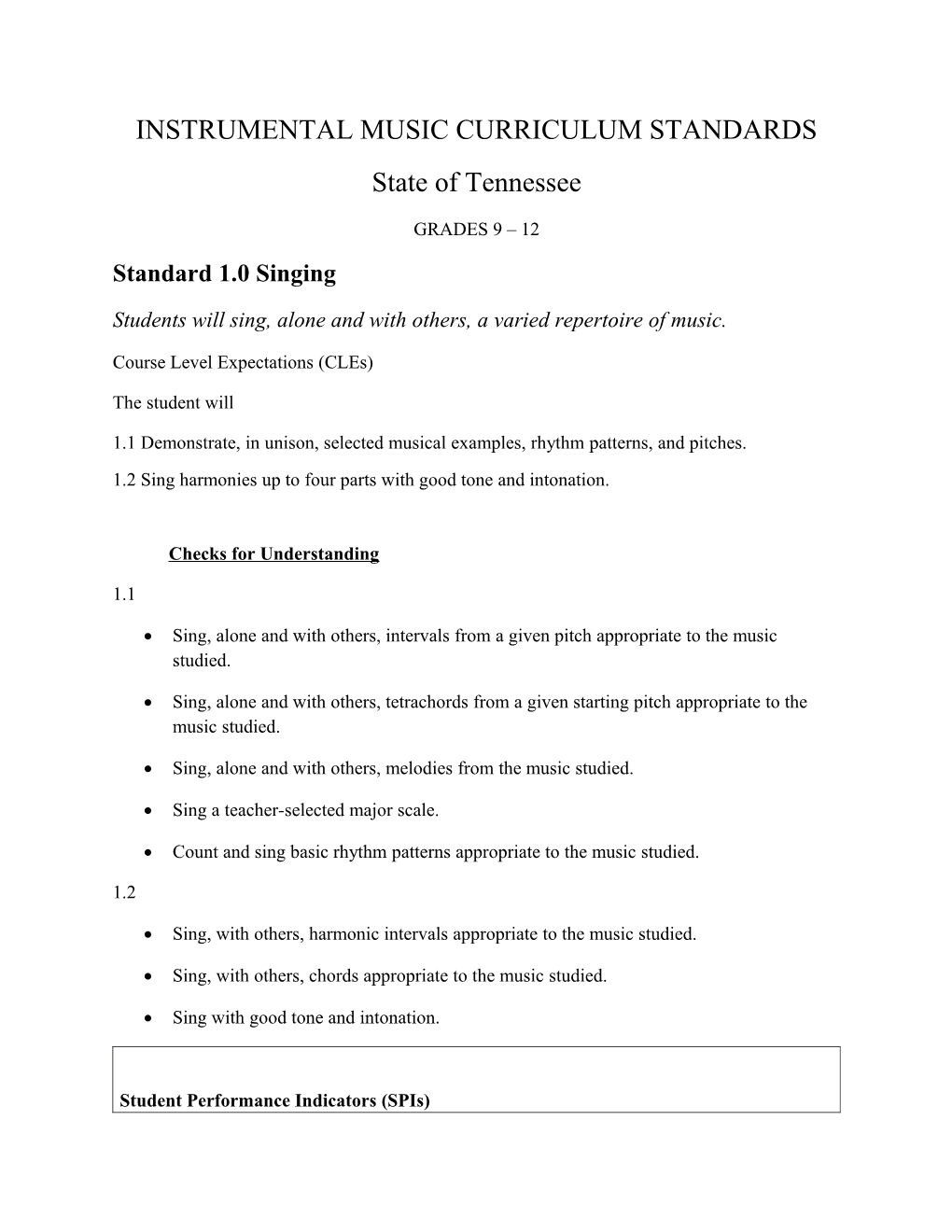 Instrumental Music Curriculum Standards