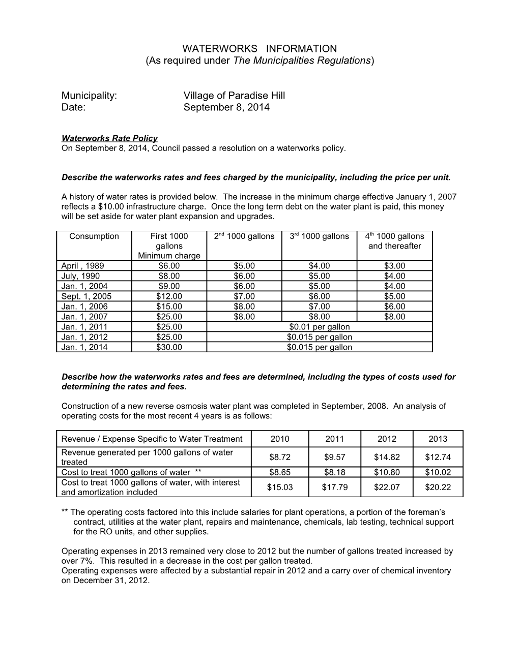 As Required Under the Municipalities Regulations