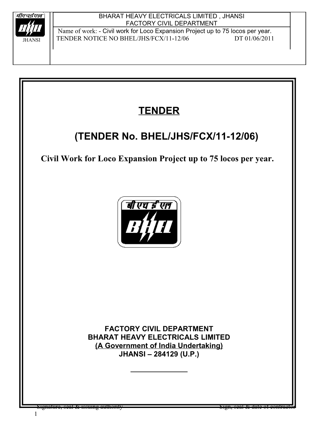 TENDER No. BHEL/JHS/FCX/11-12/06