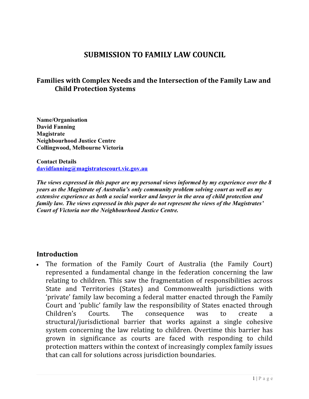 Submission to the Family Law Council - David Fanning (Magistrate)