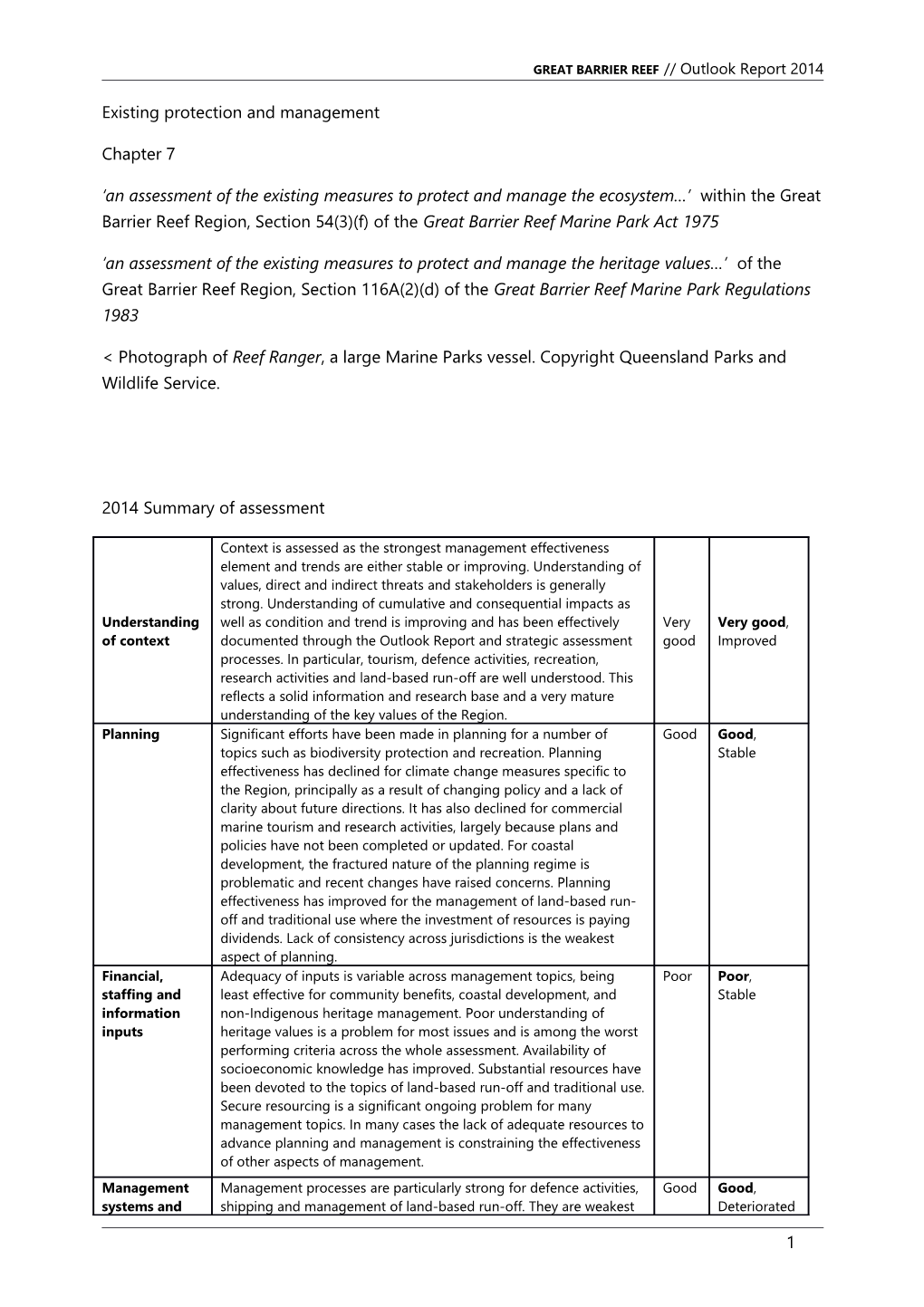 GREAT BARRIER REEF Outlook Report 2014