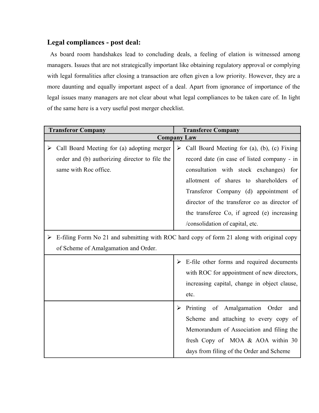 Post M & a - Legal Checklist