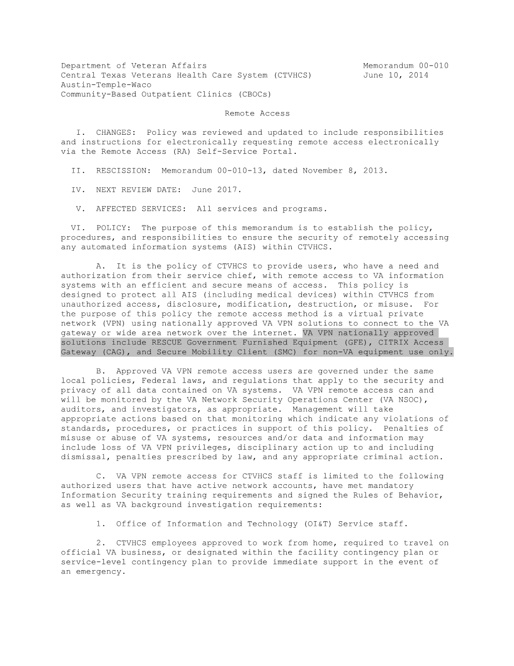 Department of Veteran Affairs Memorandum 00-010