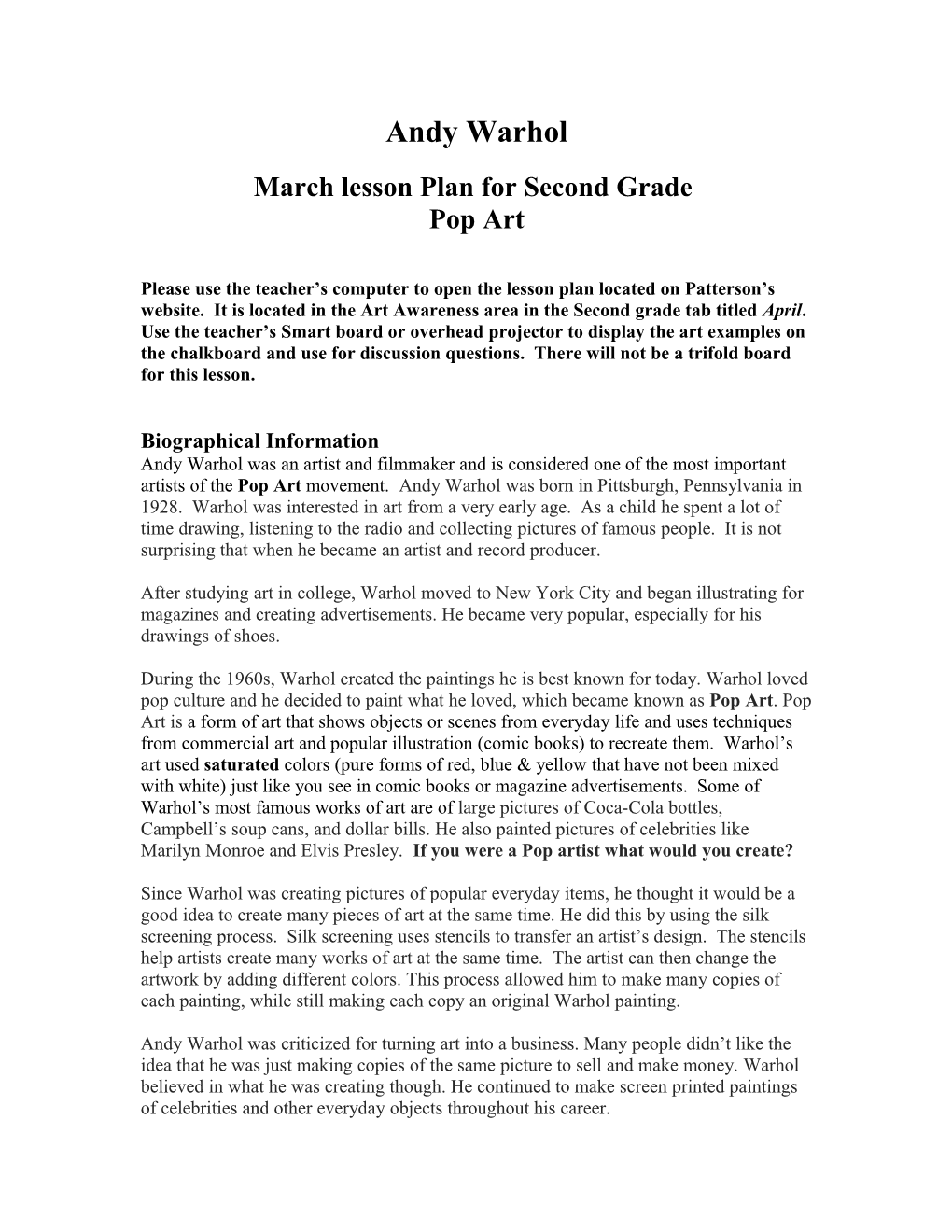 March Lesson Plan for Second Grade