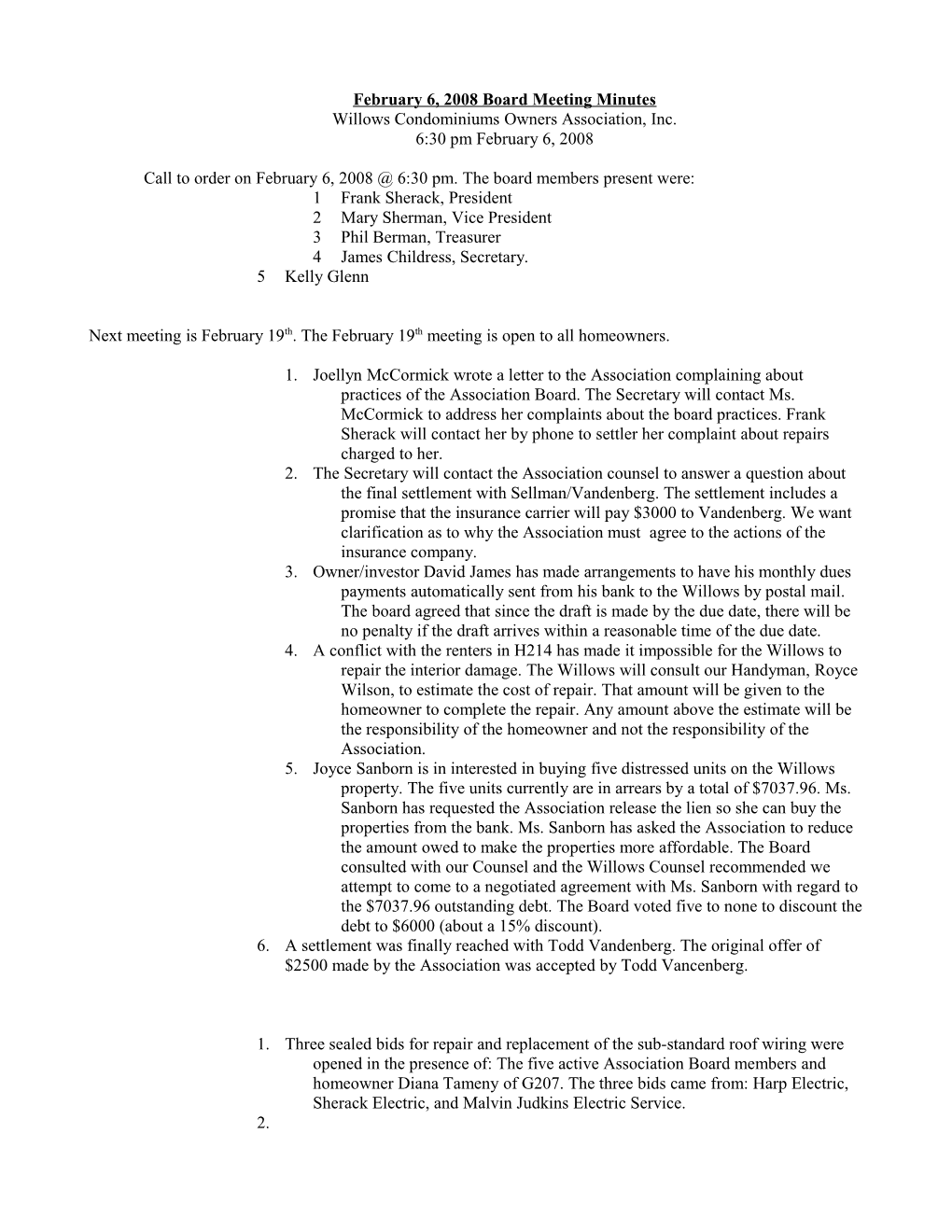February 6, 2008 Board Meeting Minutes